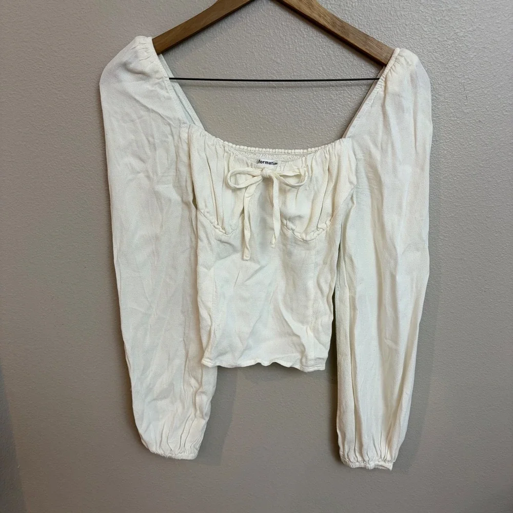 Reformation Top Size 4 Ivory Cream Long Sleeve Smocked Bustier Tie Romantic